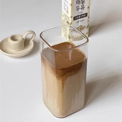 Heat-Resistant Glass Coffee Cup with Lid and Straw — Clear Square Tumbler for Hot and Cold Drinks