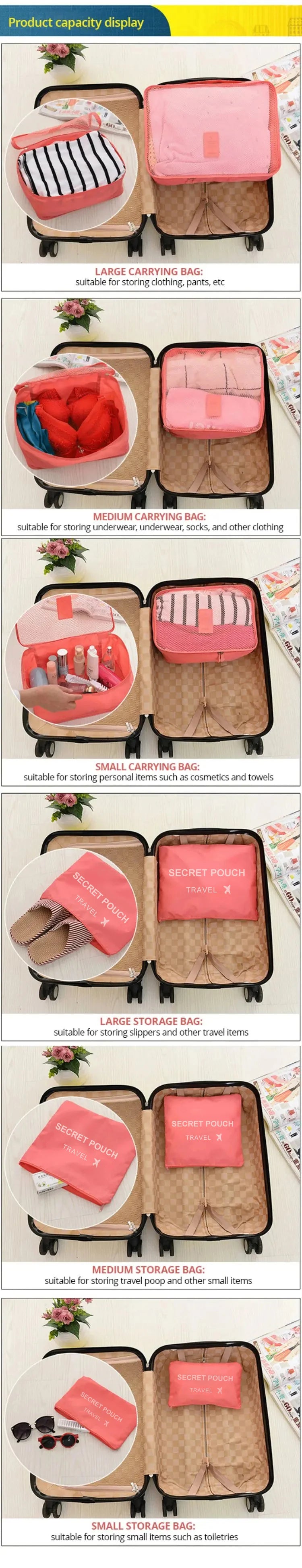6 Piece Travel Storage Bag Set — Waterproof Luggage Organizer Bags for Clothes and Accessories