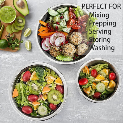 Stainless Steel Mixing Bowl Set with Lids — 6-Piece Nesting Salad Bowls with Non-Slip Base