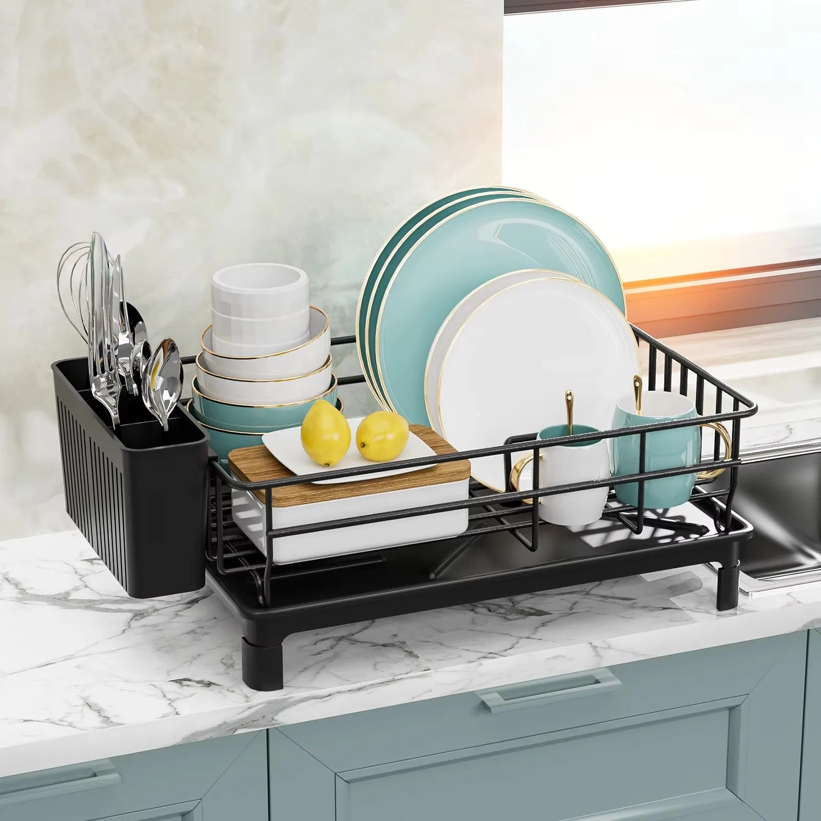 Rustproof Dish Drying Rack Kitchen Countertop Dish Rack Dish Drainer Organizer with Utensil Holder＆ Drain Board for Kitchen Sink